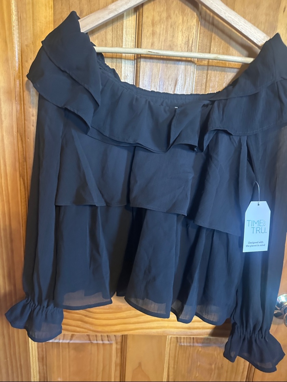 Time and Tru Black Ruffle Off-Shoulder Blouse
